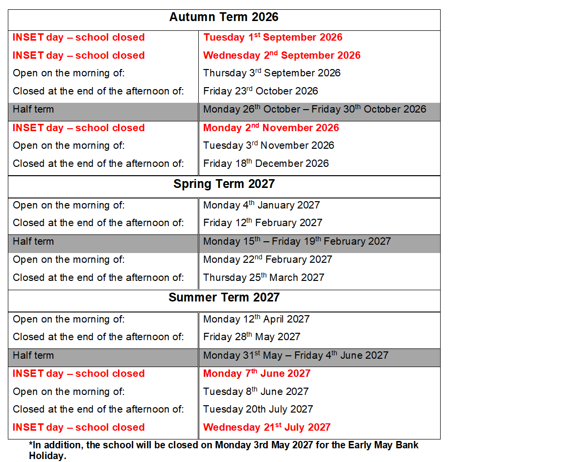 Term dates 2026 to 2027